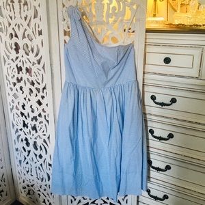 Oleg Cassini chambray blue white shoulder dress